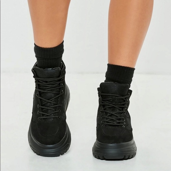 Missguided Shoes - Missguided Black Double Sole Hiking Sneaker Boots.